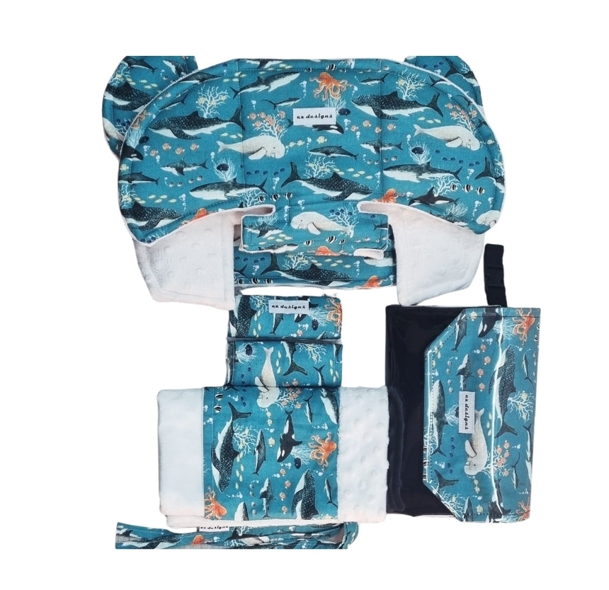 Sea mammals Ultimate Universal Pram Liner, Tie-on Pram Blanket and Nappy Clutch Bundle